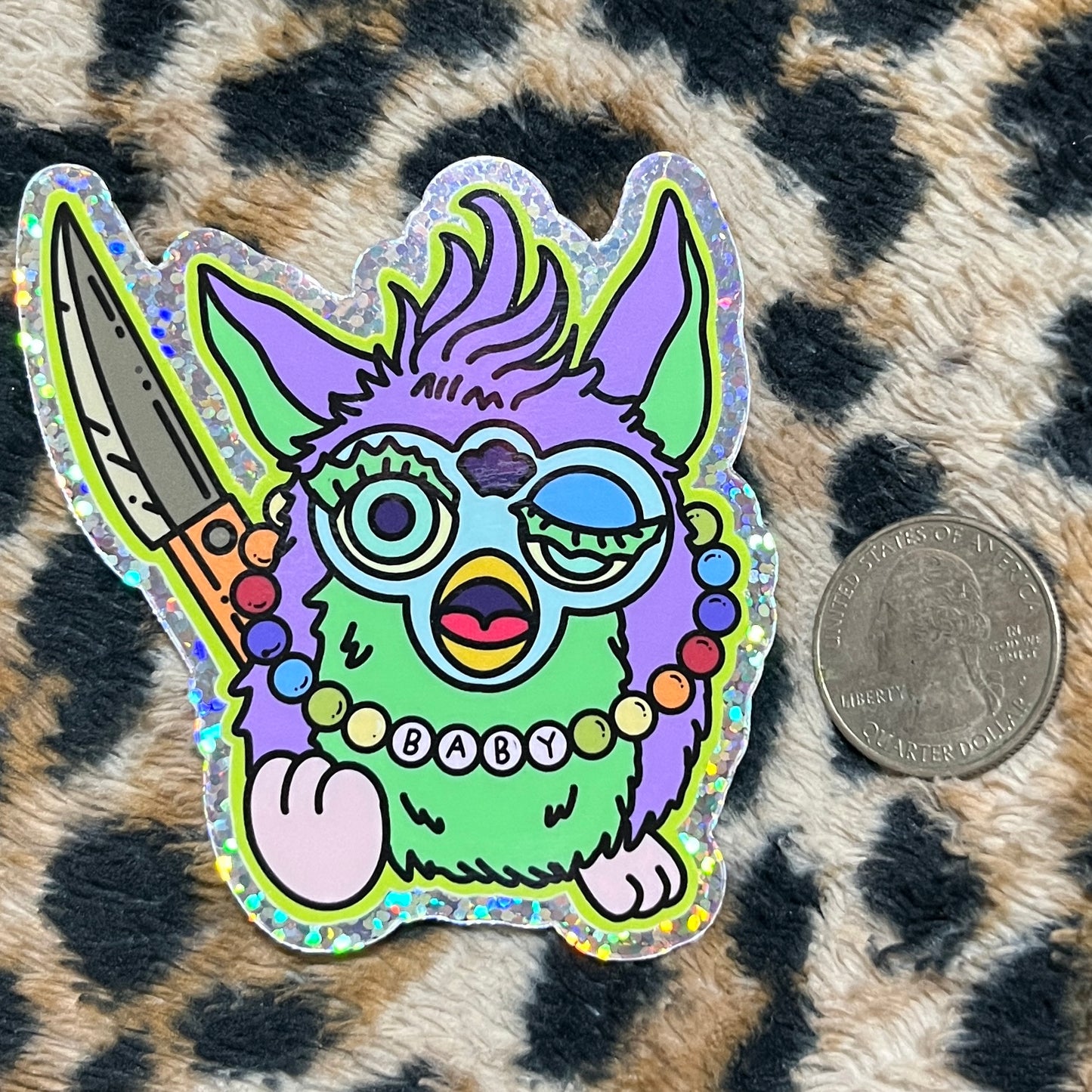 Crime loving animatronic furry screaming friend 3” holographic vinyl sticker