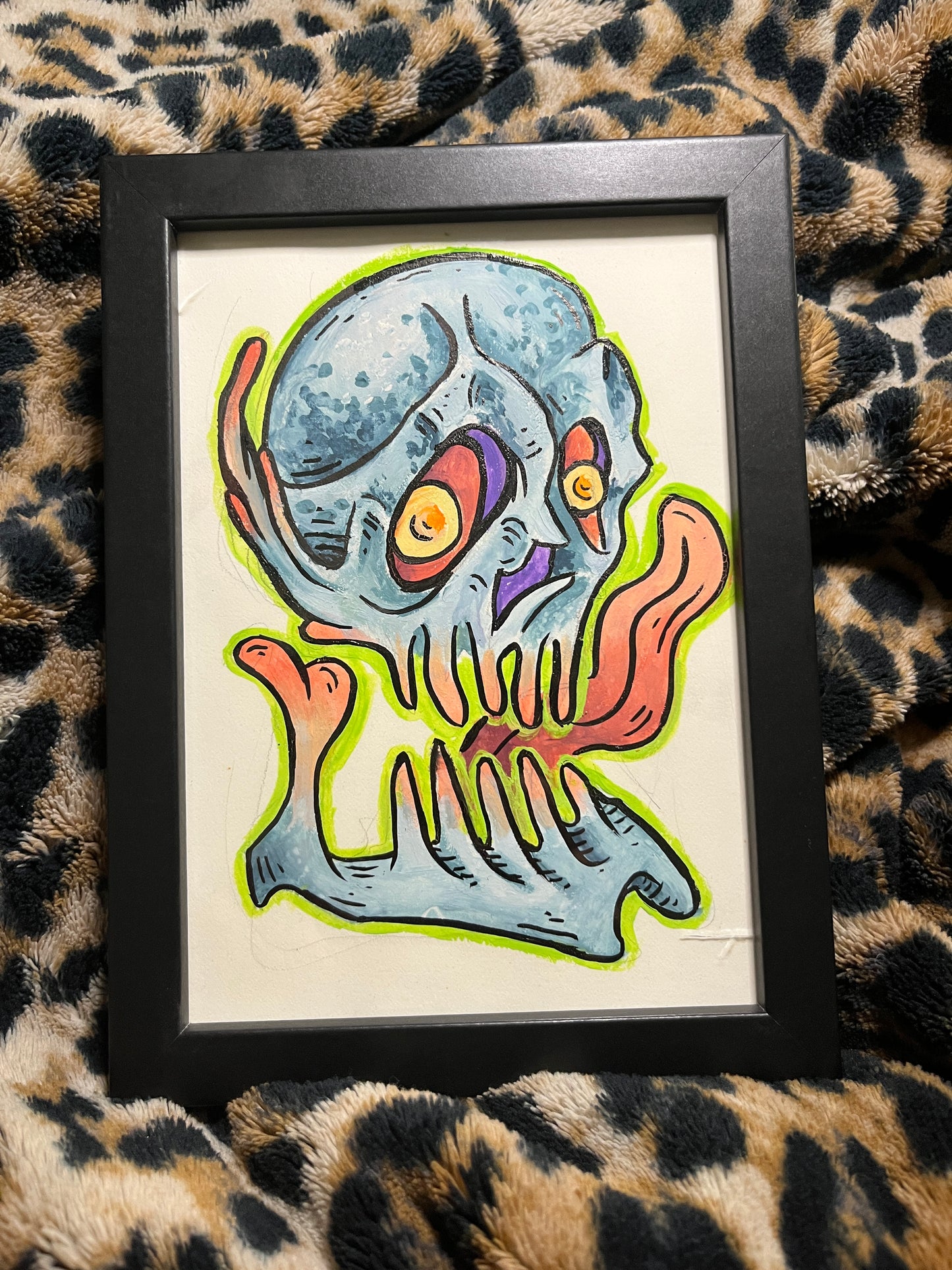 Skull 5”x7” original framed art damaged frame