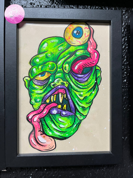 5”x7” framed original art Monster Hero gouache painting on paper