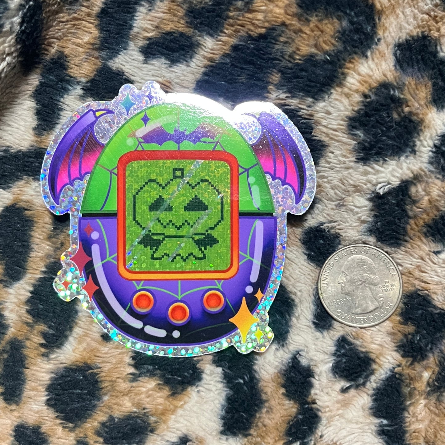 Halloween spooky pumpkin electronic pet 3” glitter holo vinyl sticker