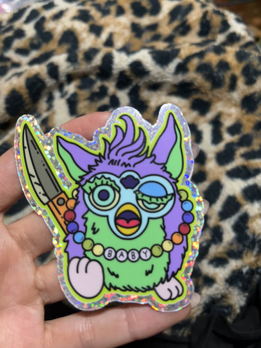 Crime loving animatronic furry screaming friend 3” holographic vinyl sticker