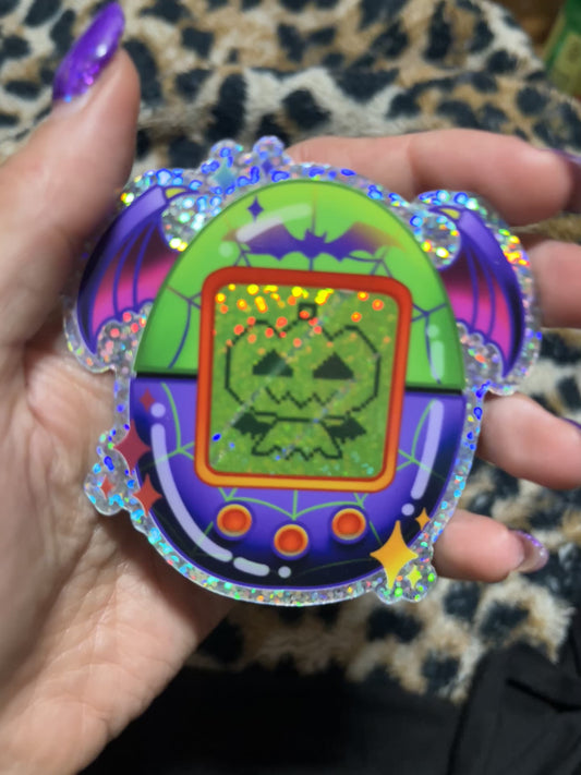 Halloween spooky pumpkin electronic pet 3” glitter holo vinyl sticker